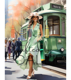 Springtime Elegance: Vintage Green Tram Watercolor Print