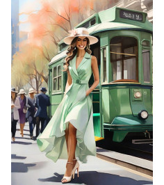Springtime Elegance: Vintage Green Tram Watercolor Print