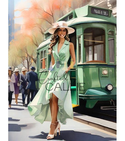 Springtime Elegance: Vintage Green Tram Watercolor Print