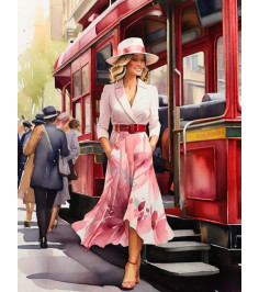 Springtime Elegance: Vintage Red Tram Watercolor Print