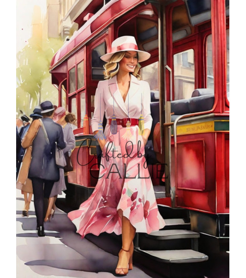 Springtime Elegance: Vintage Red Tram Watercolor Print